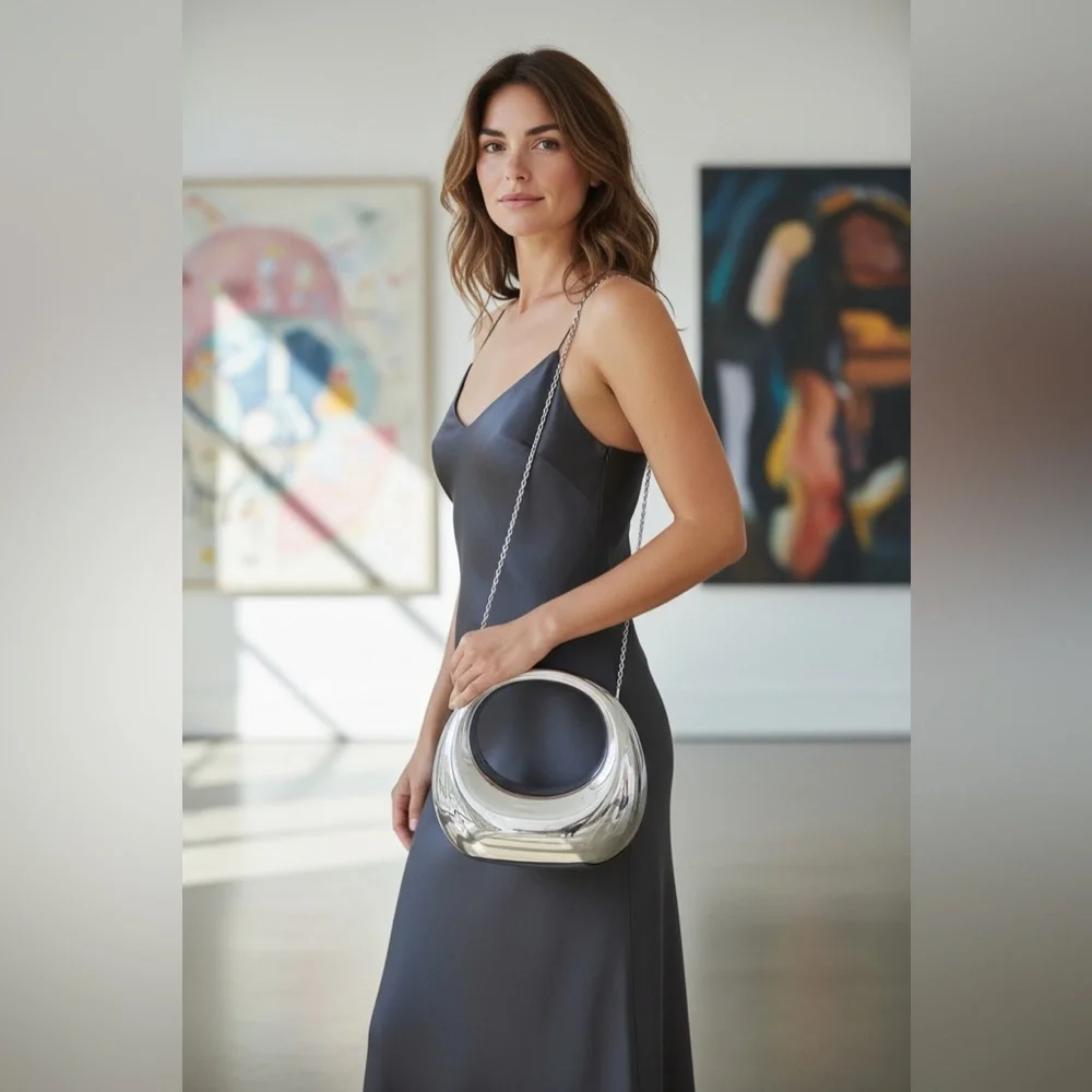 silver metallic crescent moon acrylic hobo bag and evening clutch purse. - Picture 4 of 8